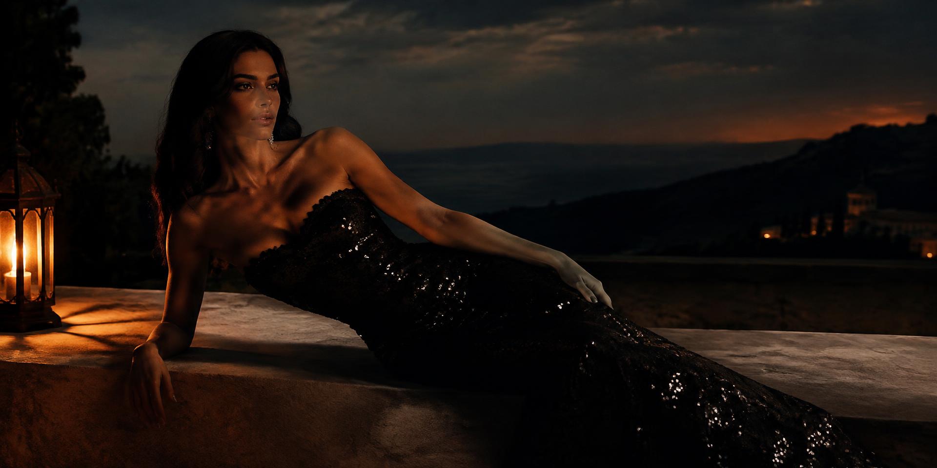 Model in black sequin gown at dusk