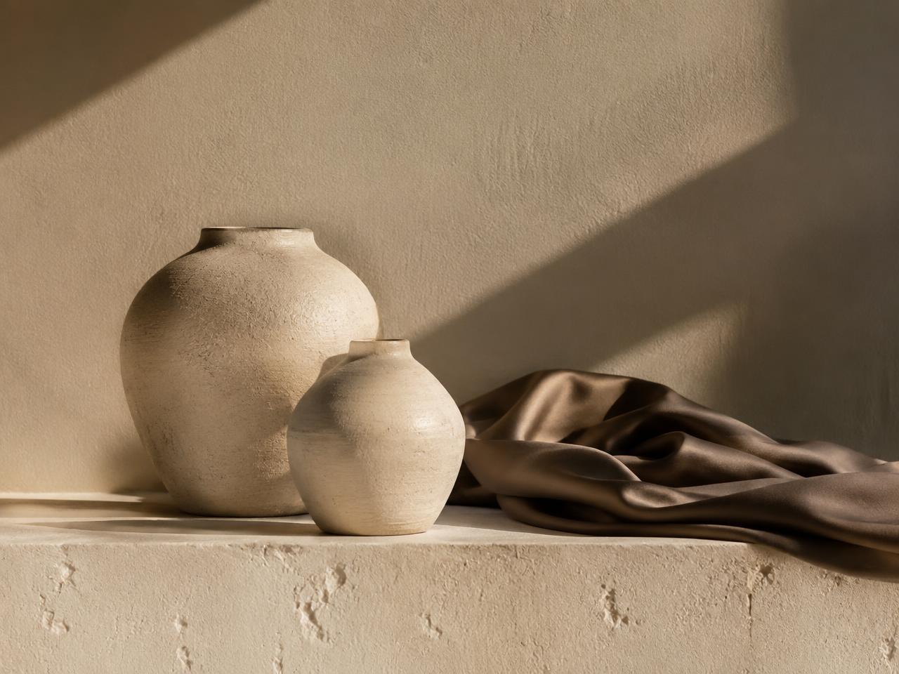 Ceramic vessels and taupe silk