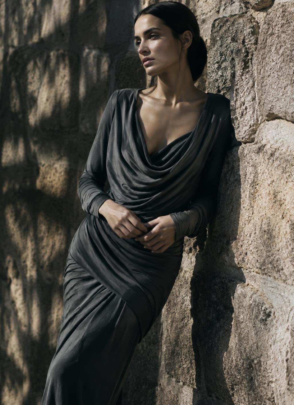 Charcoal draped dress against stone